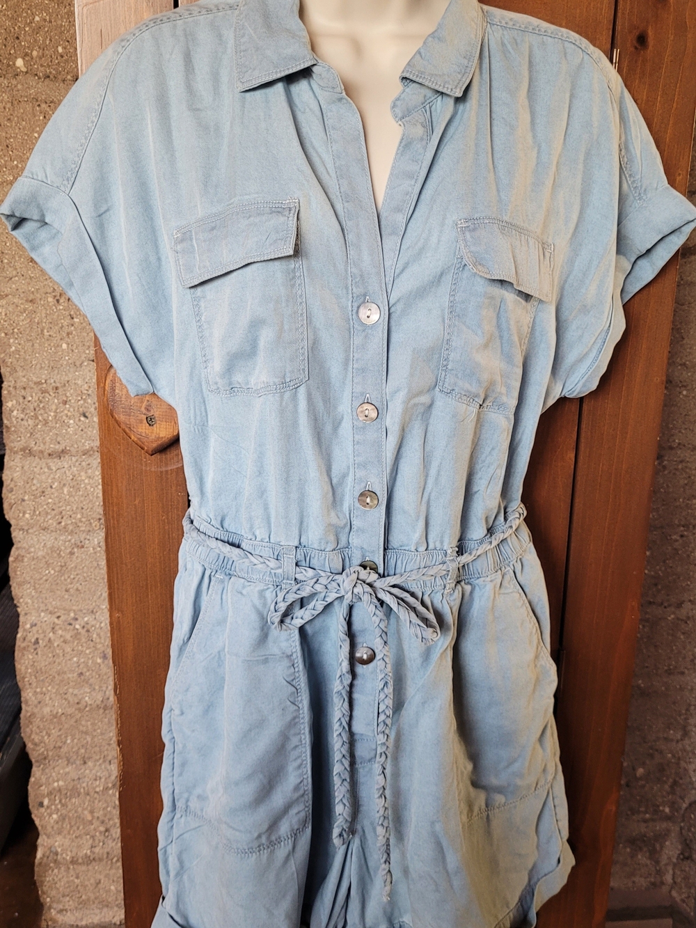 NWT Nicole Miller Soft Denim Short-Sleeve Button Romper with Tie Waist